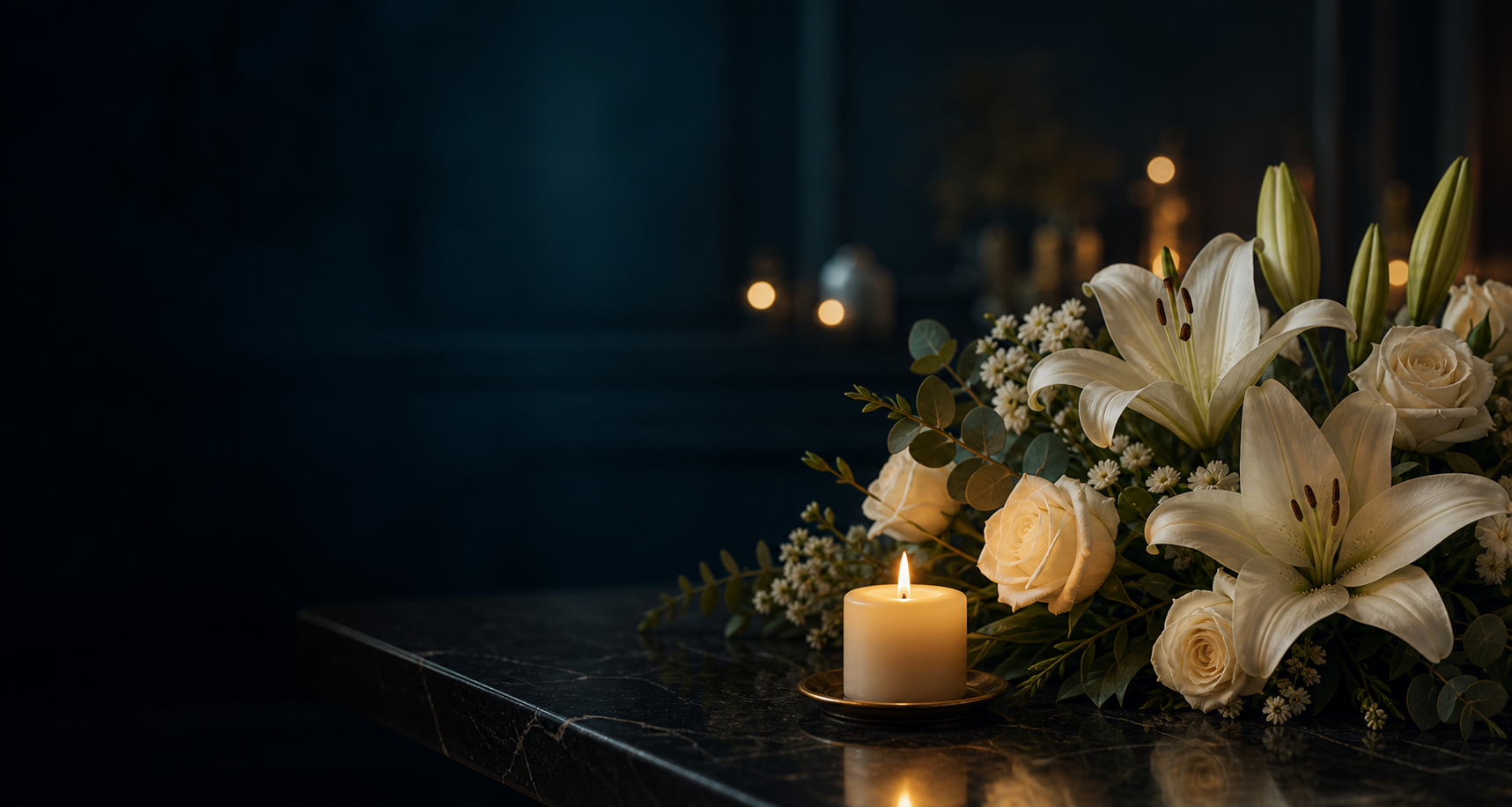 Flores blancas y una vela encendida en un ambiente cálido